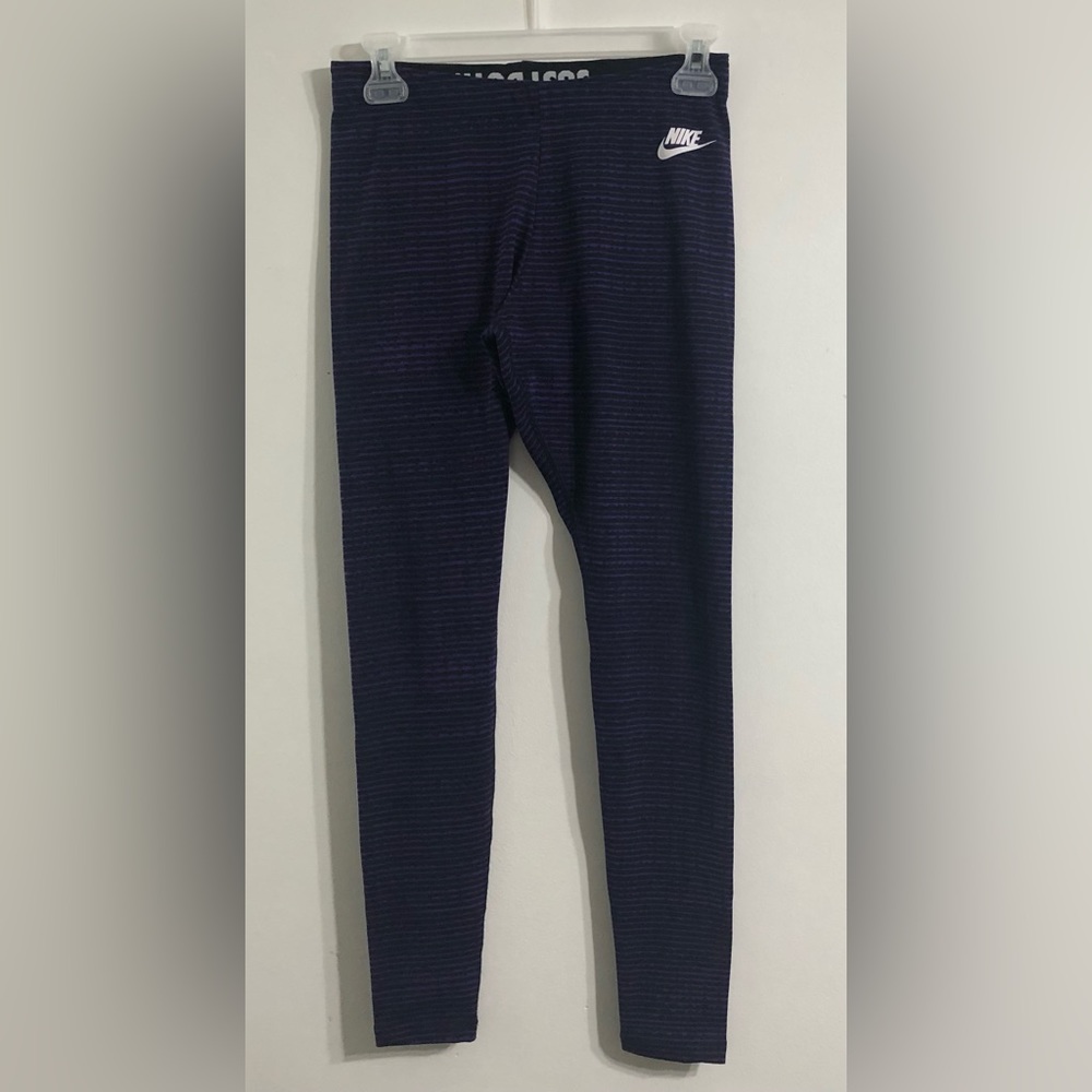 Nike Women’s leggings pull over Waist Just Do it graphic purple black stripes.S
